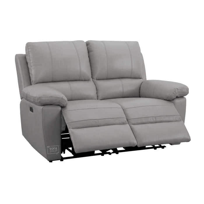 2 Piece Electric Recliner Sofa Set | Grey Real Leather Sofa Suite | Trento