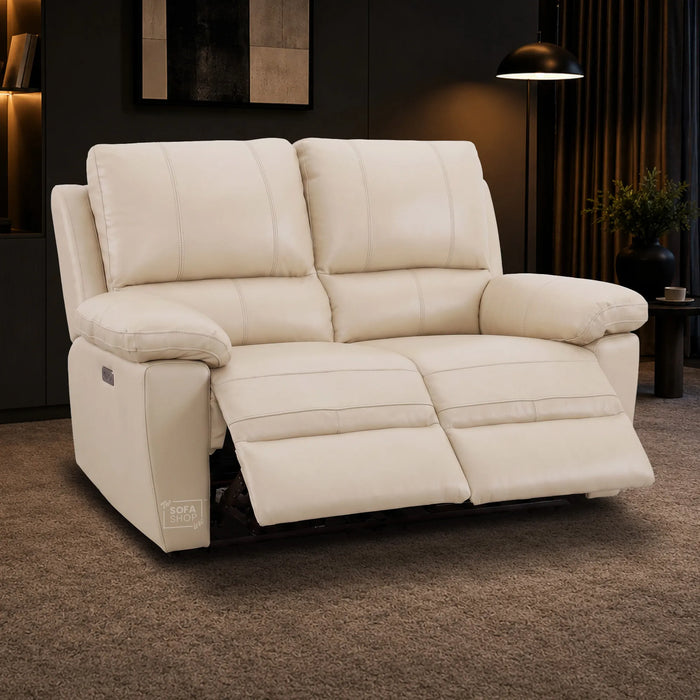 2 Piece Electric Recliner Sofa Set | Cream Real Leather Sofa Suite | Trento