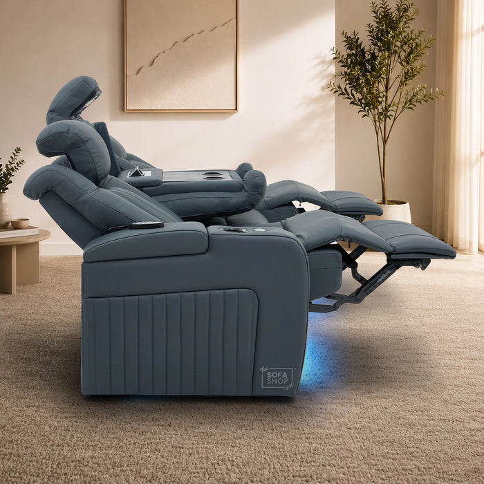 3 Seater Smart Tech Electric Recliner Cinema Sofa | Blue Real Leather | Capri