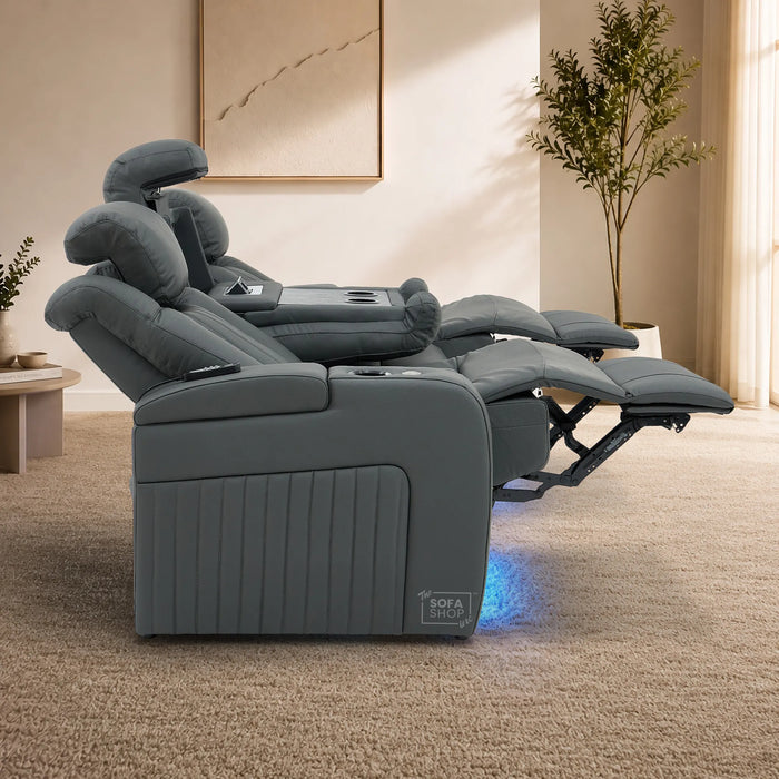 3 Seater Smart Tech Electric Recliner Cinema Sofa | Grey Real Leather | Capri