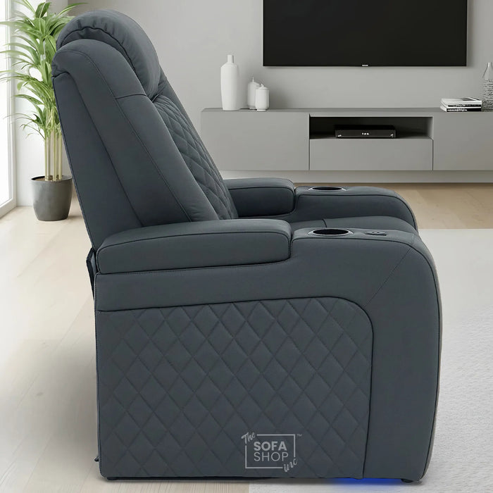 1 Seater Smart Tech Electric Recliner Cinema Chair | Luxury Theatre Seating | Grey Real Leather | Milano