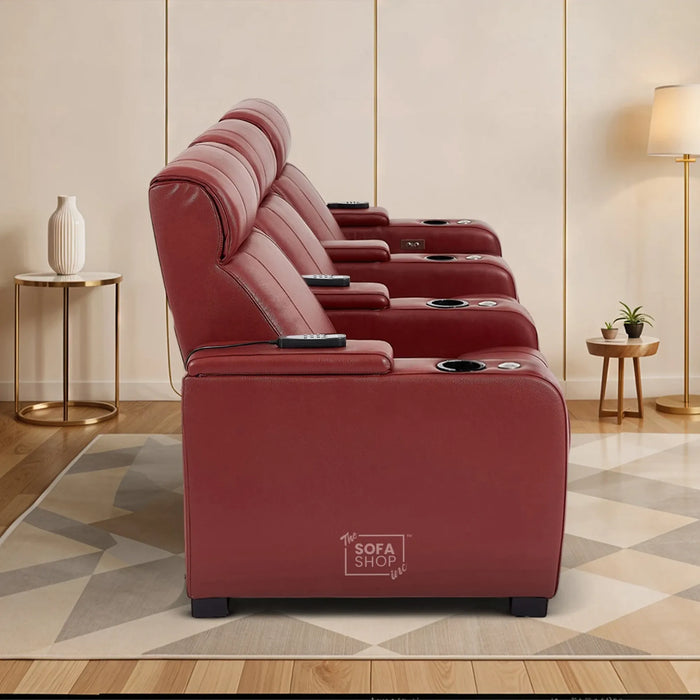 3 Seater Smart Tech Electric Recliner Cinema Sofa | Luxury Theatre Seating | Red Real Leather | Rimini