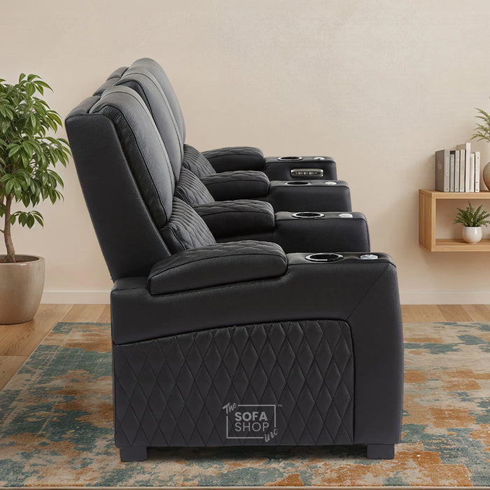 3 Seater Smart Tech Electric Recliner Cinema Sofa | Luxury Theatre Seating | Black Real Leather | Assisi