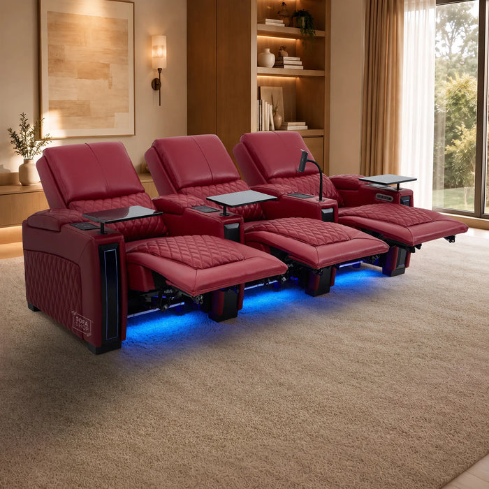 3 Seater Smart Tech Electric Recliner Cinema Sofa | Luxury Theatre Seating | Red Real Leather | Assisi