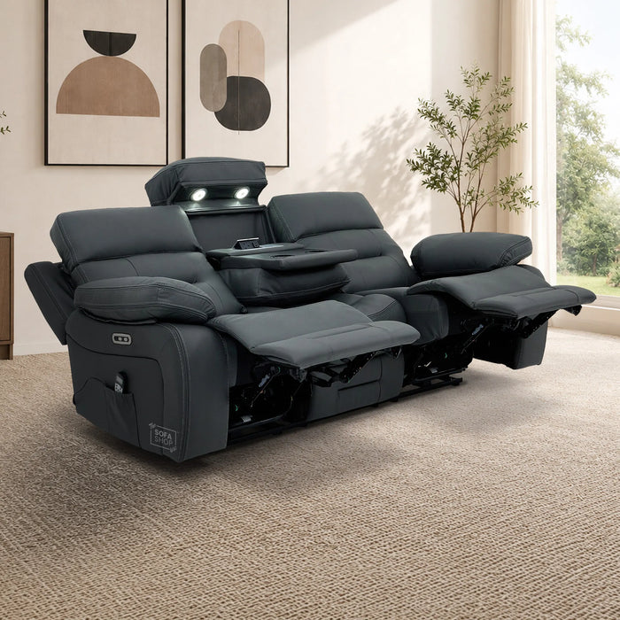 3 Seater Smart Tech Electric Recliner Cinema Sofa | Grey Real Leather | Sicily