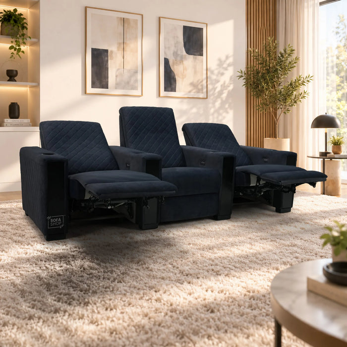 3 Seater Smart Tech Electric Recliner Cinema Sofa | Luxury Theatre Seating | Blue Real Leather | Solero
