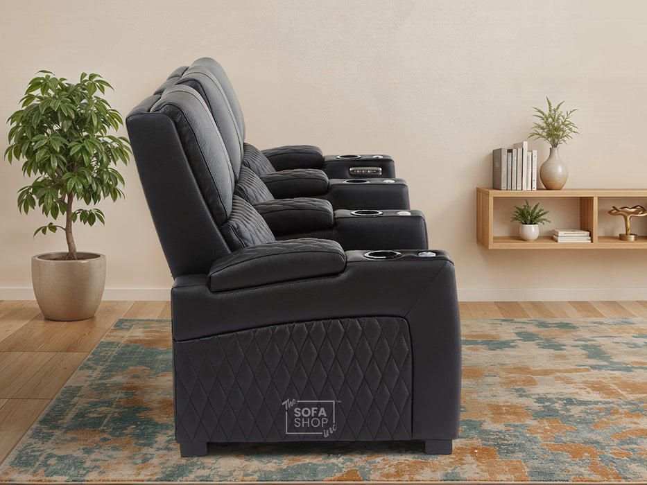 3 Seater Smart Tech Electric Recliner Cinema Sofa | Luxury Theatre Seating | Black Real Leather | Assisi
