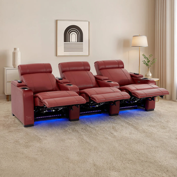 3 Seater Smart Tech Electric Recliner Cinema Sofa | Luxury Theatre Seating | Red Real Leather | Rimini
