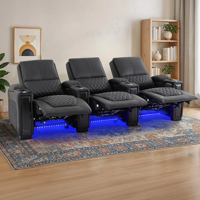 3 Seater Smart Tech Electric Recliner Cinema Sofa | Luxury Theatre Seating | Black Real Leather | Assisi