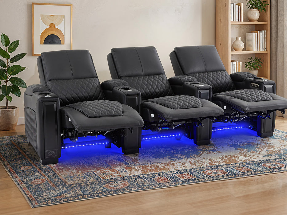 3 Seater Smart Tech Electric Recliner Cinema Sofa | Luxury Theatre Seating | Black Real Leather | Assisi