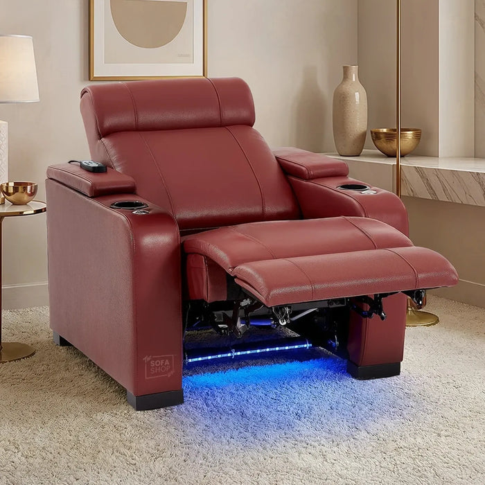 1 Seater Smart Tech Electric Recliner Cinema Chair | Luxury Theatre Seating | Red Real Leather | Rimini