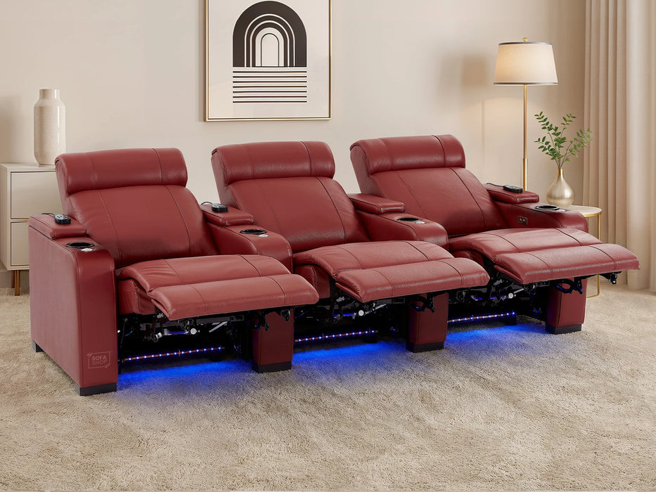 3 Seater Smart Tech Electric Recliner Cinema Sofa | Luxury Theatre Seating | Red Real Leather | Rimini