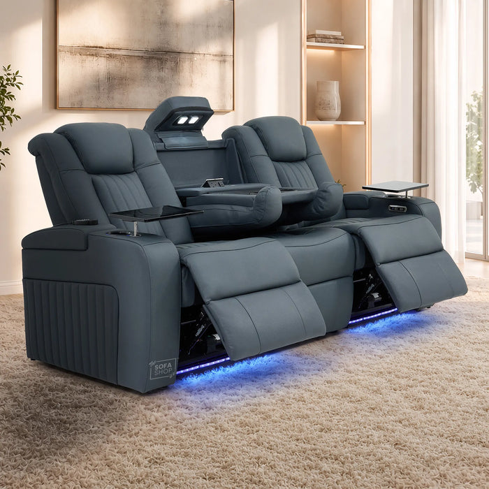 3 Seater Smart Tech Electric Recliner Cinema Sofa | Blue Real Leather | Capri