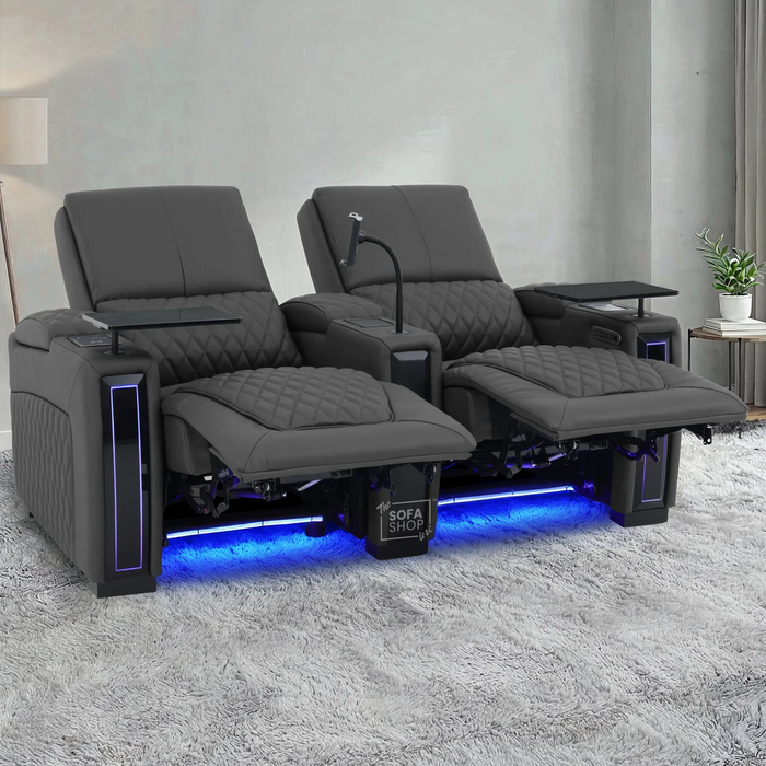 2 Seater Smart Tech Electric Recliner Cinema Sofa | Luxury Theatre Seating | Grey Real Leather | Assisi