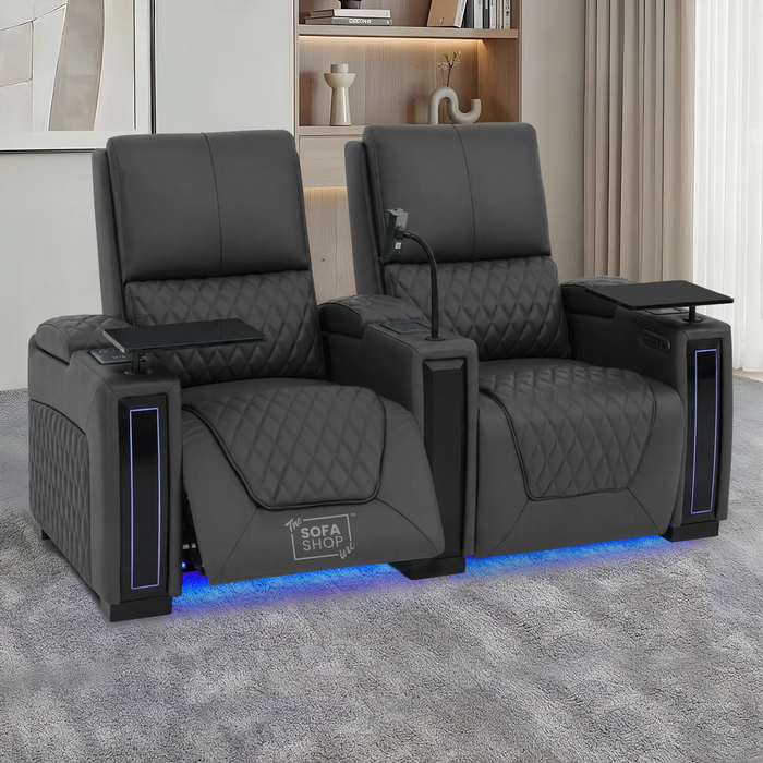 2 Seater Smart Tech Electric Recliner Cinema Sofa | Luxury Theatre Seating | Grey Real Leather | Assisi