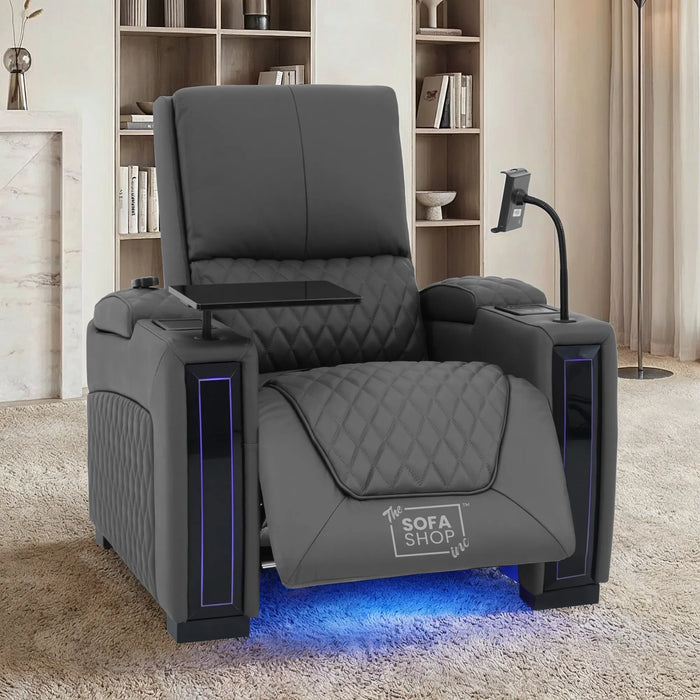 1 Seater Smart Tech Electric Recliner Cinema Chair | Luxury Theatre Seating | Grey Real Leather | Assisi