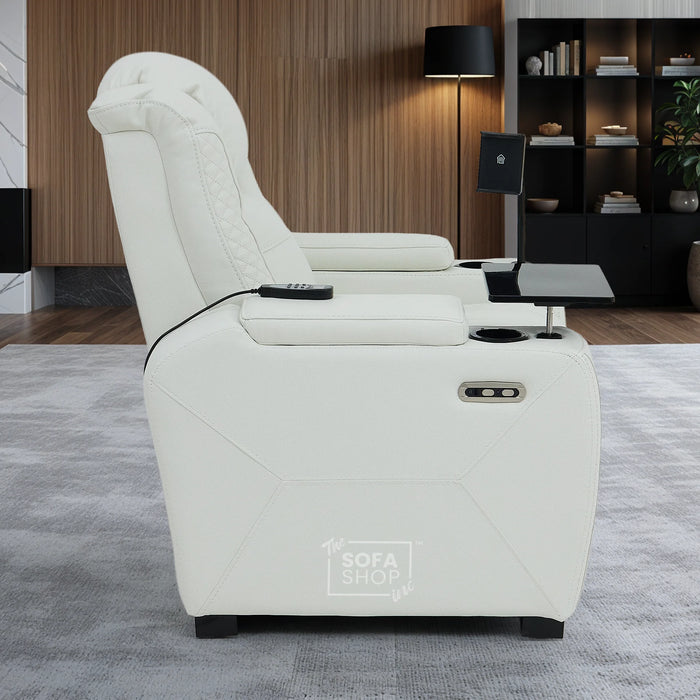 1 Seater White Real Leather Smart Tech Electric Recliner Cinema Chair | Luxury Theatre Seating | Napoli