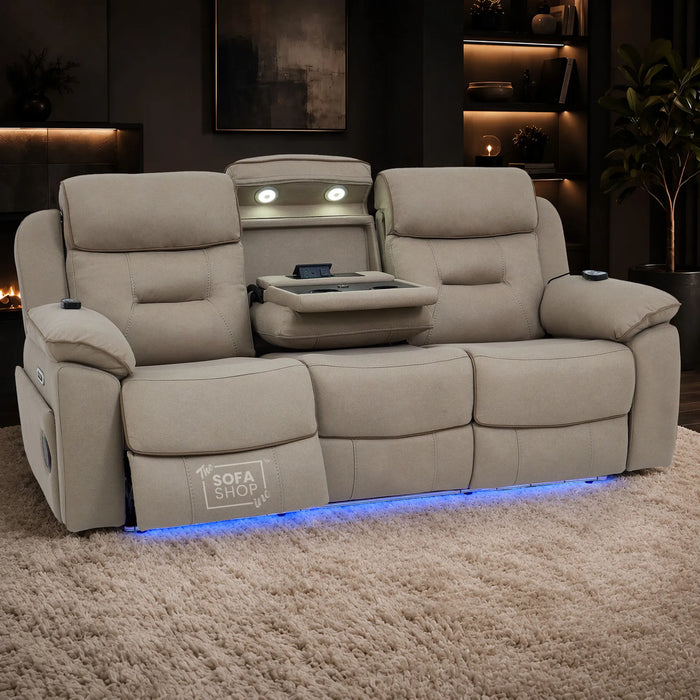 2 Piece Smart Tech Electric Recliner Cinema Sofa Set | Beige Fabric Sofa Suite | Florence