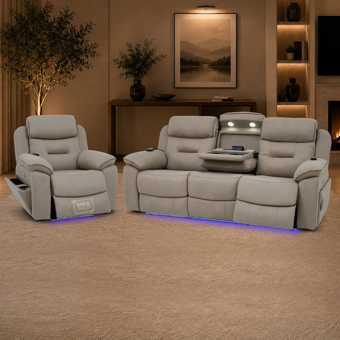2 Piece Smart Tech Electric Recliner Cinema Sofa Set | Beige Fabric Sofa Suite | Florence