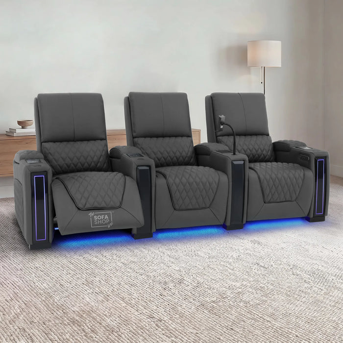 3 Seater Smart Tech Electric Recliner Cinema Sofa | Luxury Theatre Seating | Grey Real Leather | Assisi