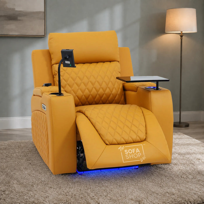 1 Seater Smart Tech Electric Recliner Cinema Chair | Luxury Theatre Seating | Mustard Yellow Real Leather | Vicenza