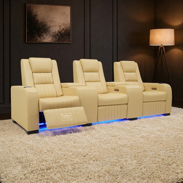 3 Seater Smart Tech Electric Recliner Cinema Sofa | Cream Real Leather | Roma