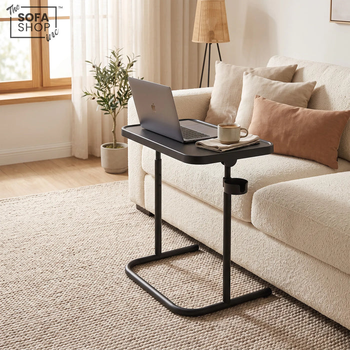 Adjustable C-Shaped Sofa Side Table | Tilting Top + Cup Holder | Portland