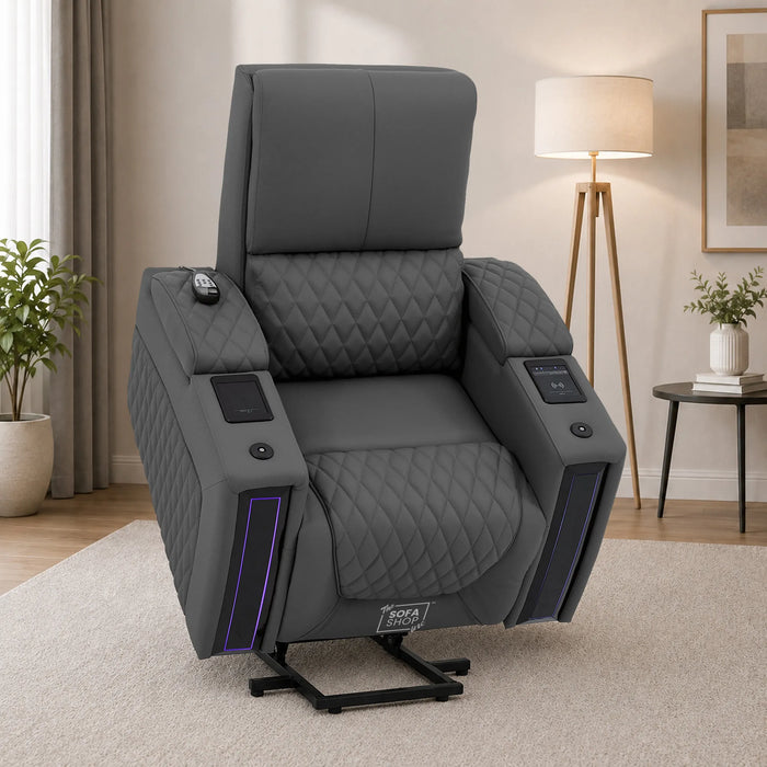 1 Seater Smart Tech Riser Recliner Cinema Chair | Luxury Theatre Seating | Grey Real Leather | Assisi