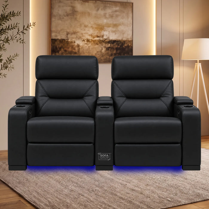 2 Seater Black Genuine Leather Electric Recliner Cinema Sofa | LED Cupholders, Power Headrests & USB Charging | Siena | The Sofa Shop