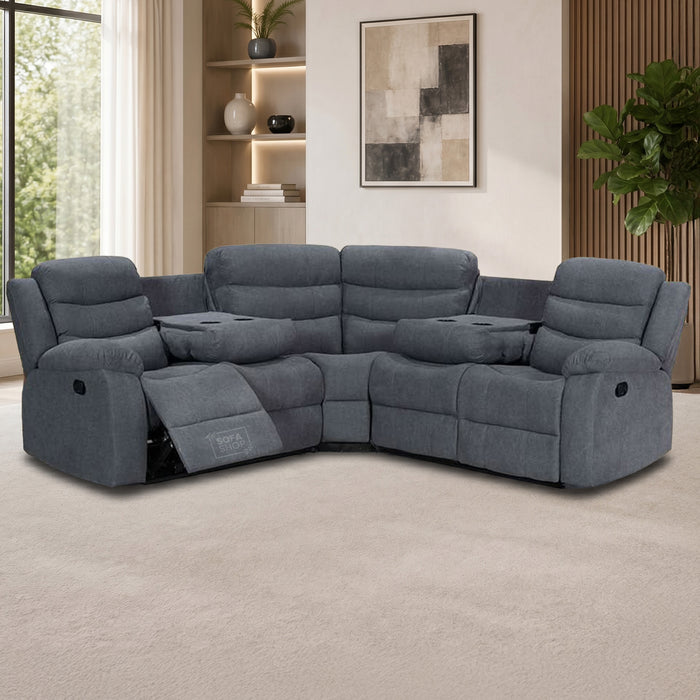 Recliner Corner Sofa in Dark Grey Fabric with Drop Down Tables & Cup Holders I Ex-display I Sortino I The Sofa Shop