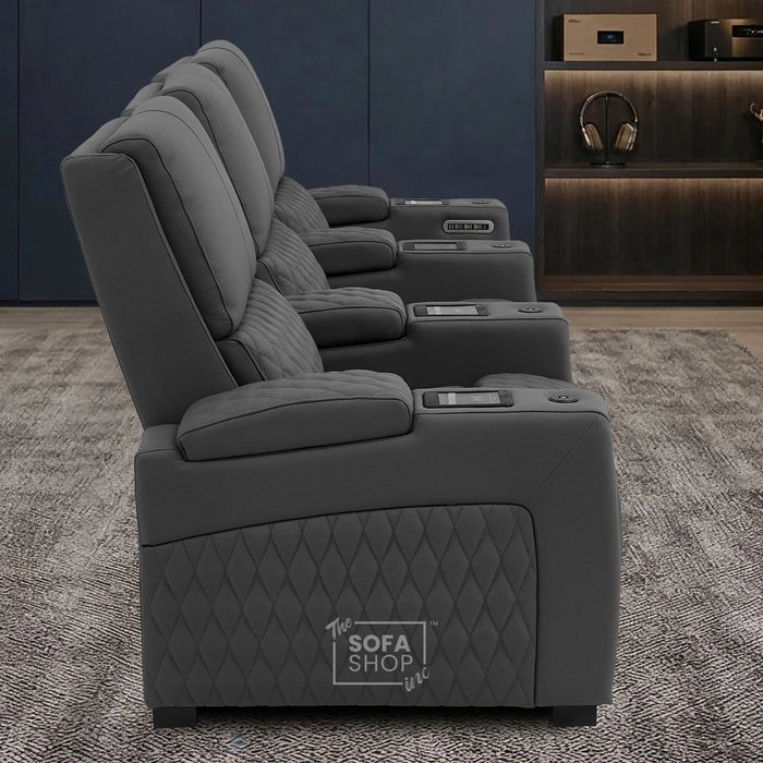 3 Seater Smart Tech Electric Recliner Cinema Sofa | Luxury Theatre Seating | Grey Real Leather | Assisi