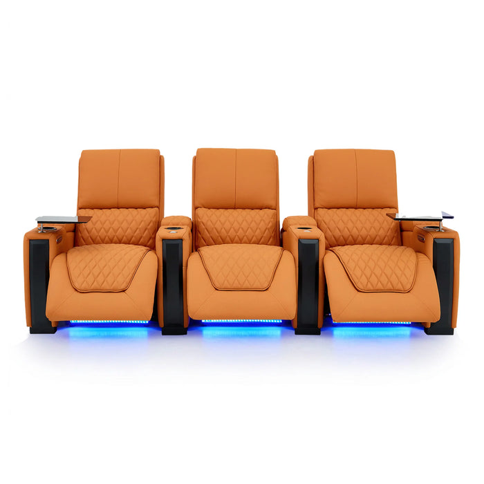 3 Seater Smart Tech Electric Recliner Cinema Sofa | Luxury Theatre Seating | Orange Real Leather | Assisi