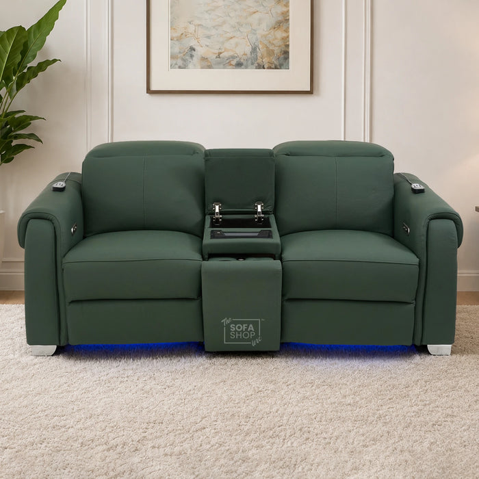 2 Seater Smart Tech Electric Recliner Cinema Sofa | Green Real Leather | Turin
