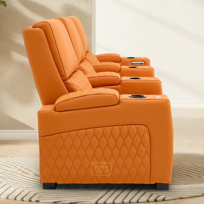 3 Seater Smart Tech Electric Recliner Cinema Sofa | Luxury Theatre Seating | Orange Real Leather | Assisi