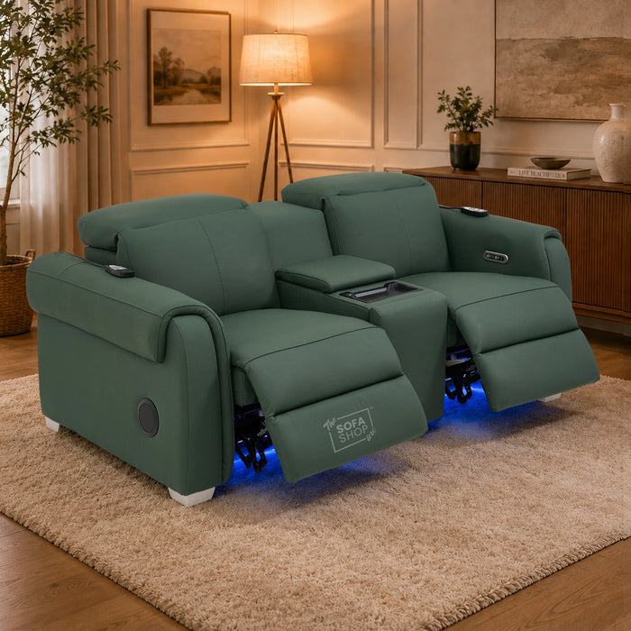 2 Seater Smart Tech Electric Recliner Cinema Sofa | Green Real Leather | Turin