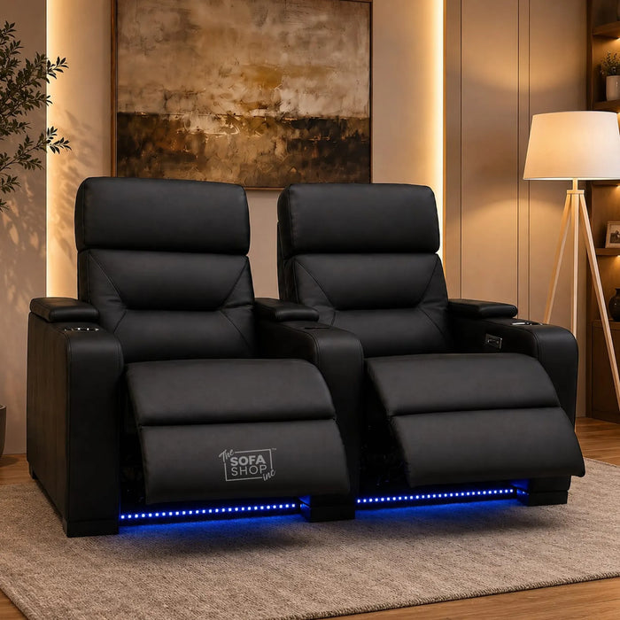 2 Seater Black Genuine Leather Electric Recliner Cinema Sofa | LED Cupholders, Power Headrests & USB Charging | Siena | The Sofa Shop