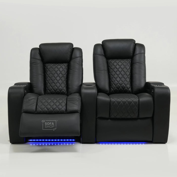 2 Seater Cinema Sofa in Black Real Leather | Hi-Tech Console Couch with Power Recline + Power Headrests + Console Storage + LED Base Light | Ex Display | Milano