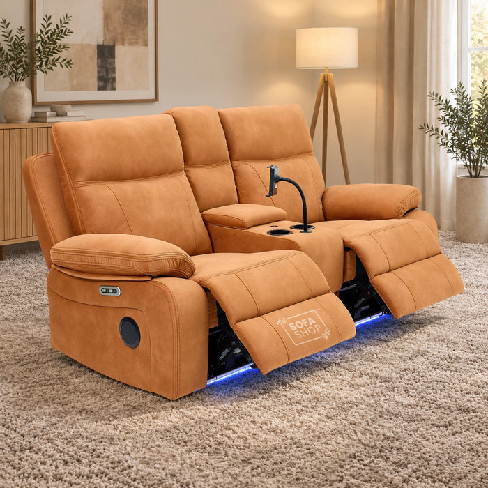 2 Seater Smart Tech Electric Recliner Cinema Sofa | Orange Fabric | Vinsonova
