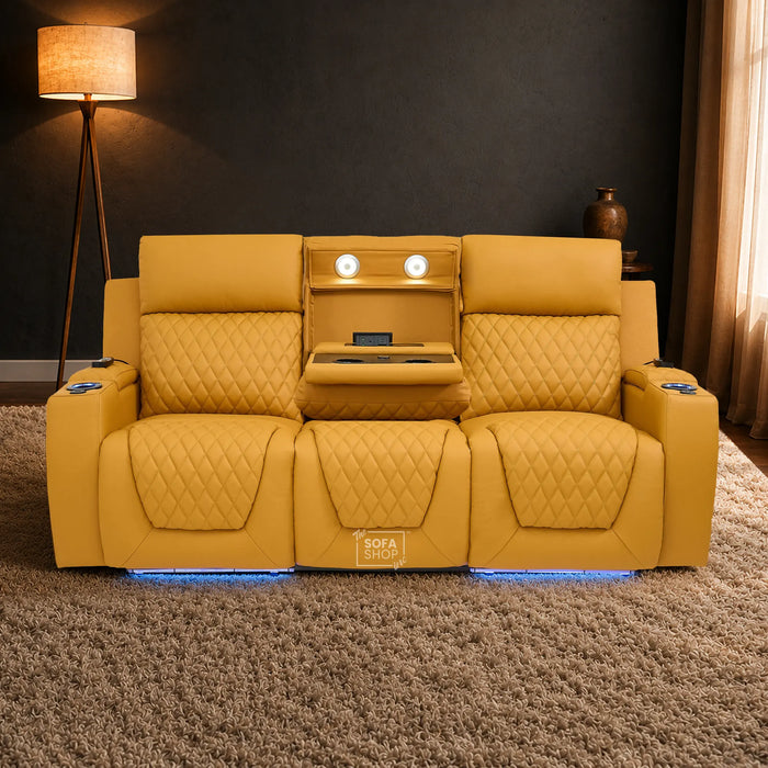 3 Seater Smart Tech Electric Recliner Cinema Sofa | Mustard Yellow Real Leather | Vicenza