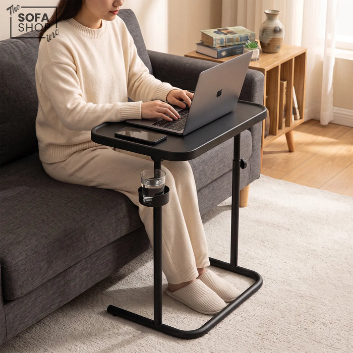 Adjustable C-Shaped Sofa Side Table | Tilting Top + Cup Holder | Portland