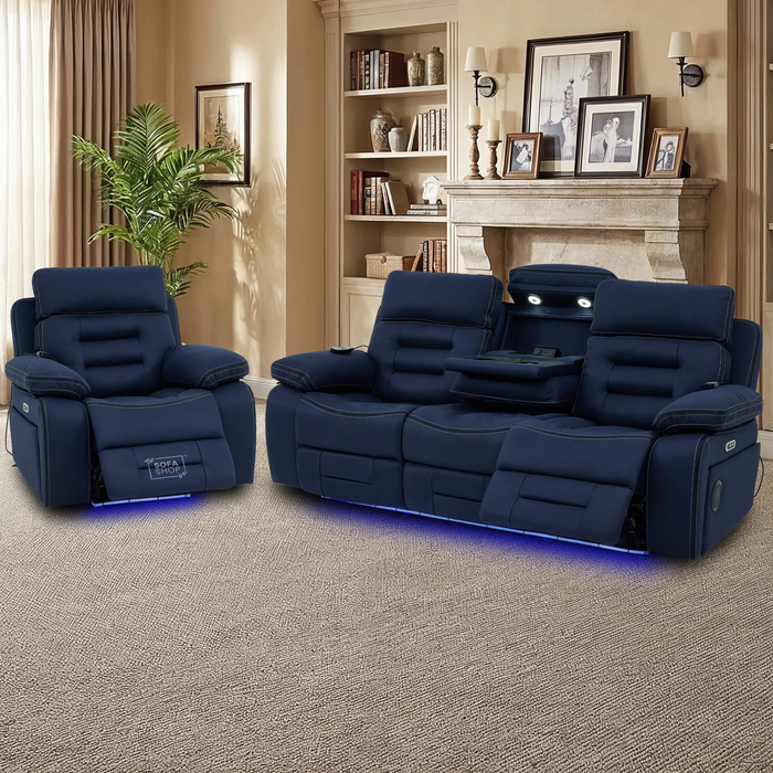 2 Piece Smart Tech Electric Recliner Cinema Sofa Set | Blue Fabric Sofa Suite | Tuscany