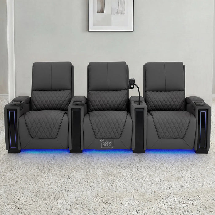 3 Seater Smart Tech Electric Recliner Cinema Sofa | Luxury Theatre Seating | Grey Real Leather | Assisi