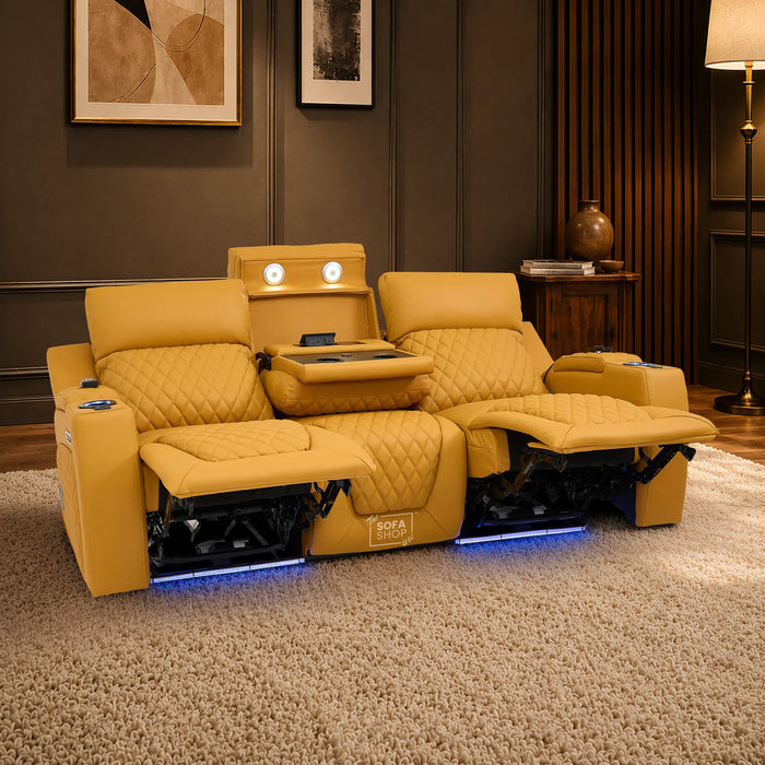3 Seater Smart Tech Electric Recliner Cinema Sofa | Mustard Yellow Real Leather | Vicenza