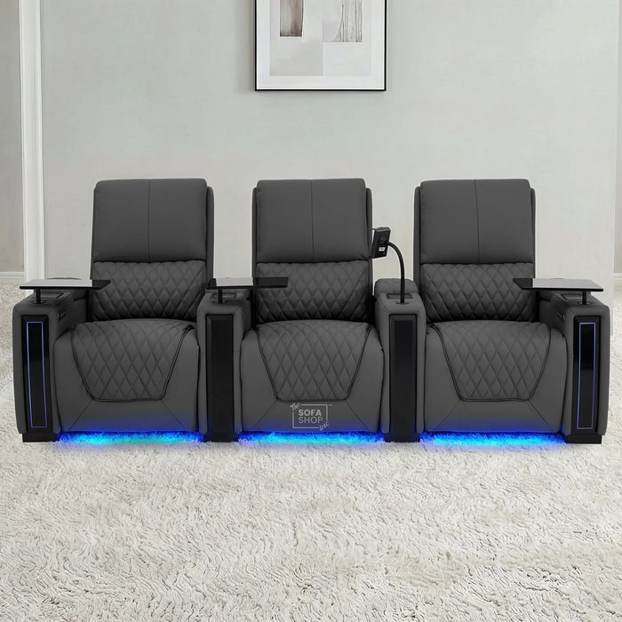 3 Seater Smart Tech Electric Recliner Cinema Sofa | Luxury Theatre Seating | Grey Real Leather | Assisi