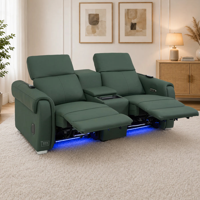 2 Seater Smart Tech Electric Recliner Cinema Sofa | Green Real Leather | Turin