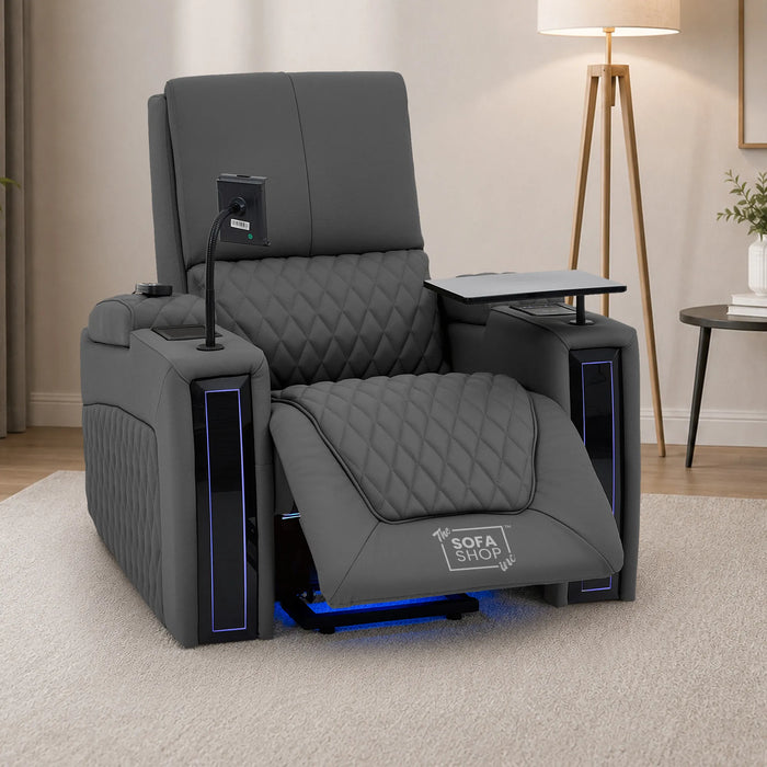 1 Seater Smart Tech Riser Recliner Cinema Chair | Luxury Theatre Seating | Grey Real Leather | Assisi