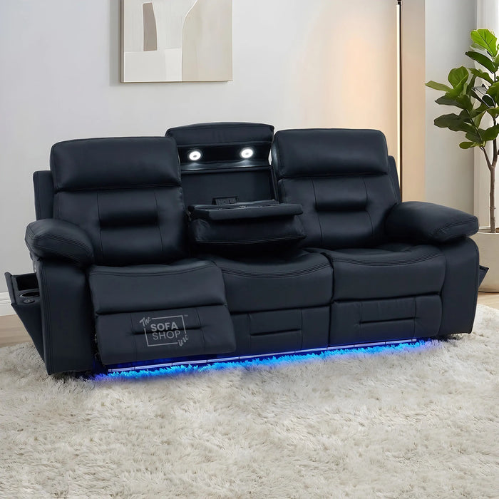 3 Seater Smart Tech Electric Recliner Cinema Sofa | Black Real Leather | Sicily