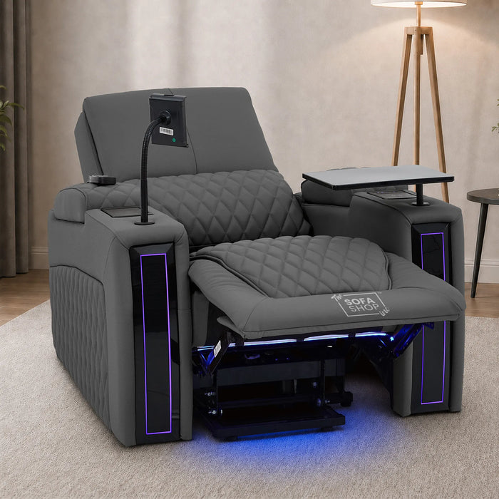 1 Seater Smart Tech Riser Recliner Cinema Chair | Luxury Theatre Seating | Grey Real Leather | Assisi