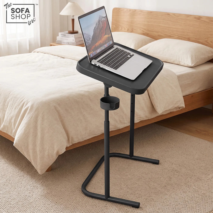 Adjustable C-Shaped Sofa Side Table | Tilting Top + Cup Holder | Portland