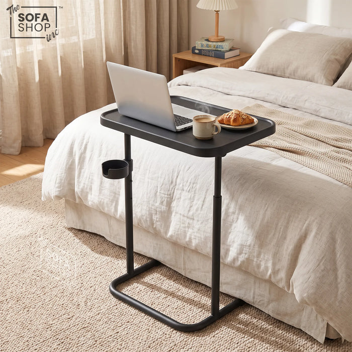 Adjustable C-Shaped Sofa Side Table | Tilting Top + Cup Holder | Portland